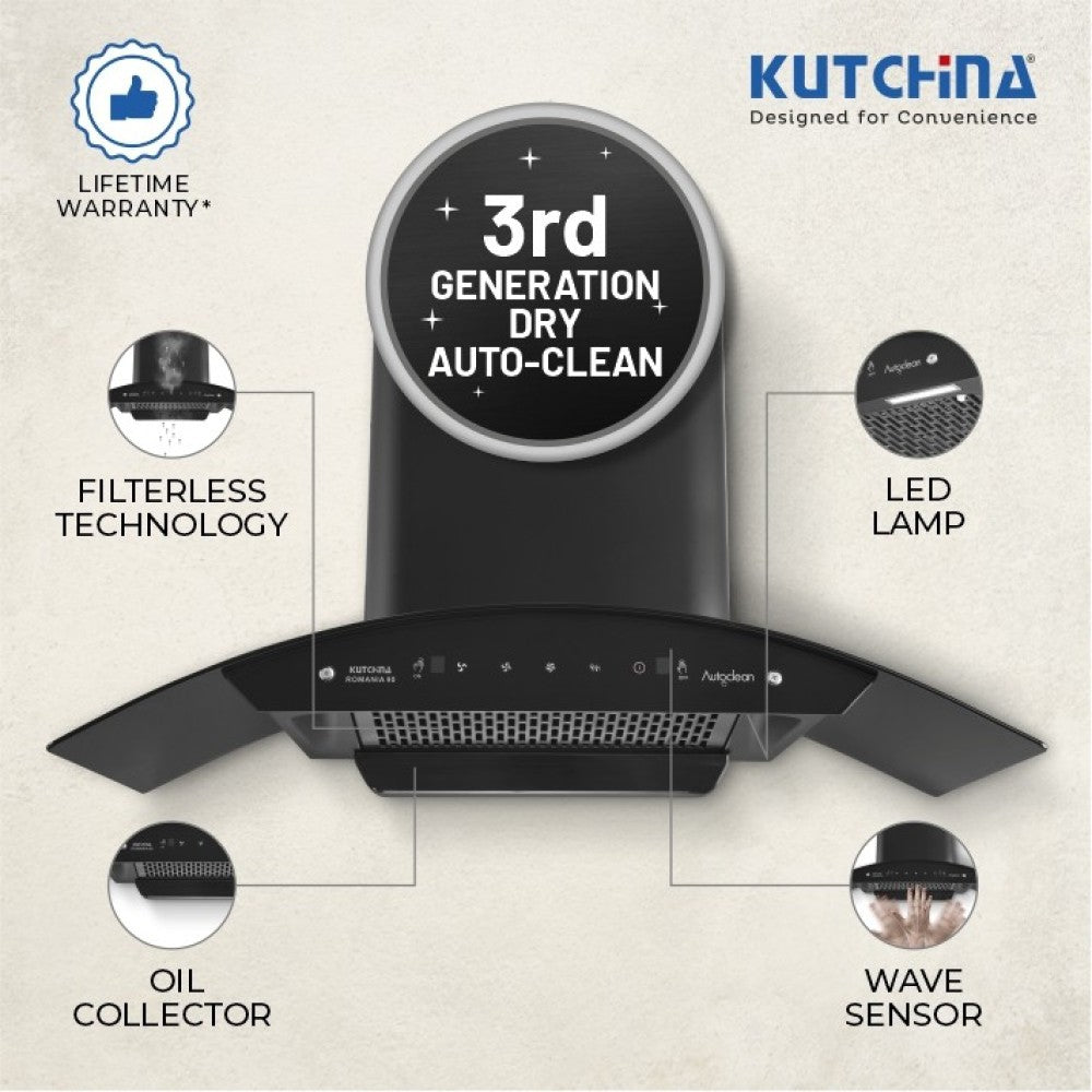 Kutchina ROMANIA 90 Auto Clean Wall Mounted Chimney - Black 1250 CMH