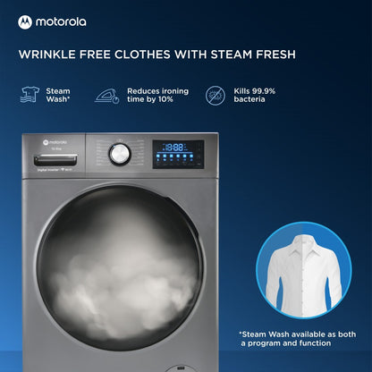 MOTOROLA 10.5 kg Smart Wi-Fi Enabled Steam Wash Inverter Technology Fully Automatic Front Load Washing Machine with In-built Heater Grey - 105FLIWBM5S