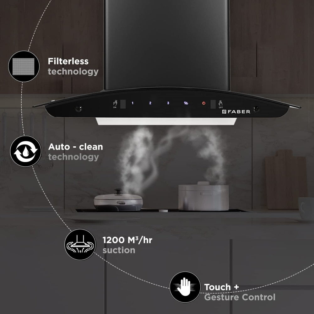 Faber Hood Sydney FL SC AC BK 60 Auto Clean Wall Mounted Chimney - Black 1200 CMH