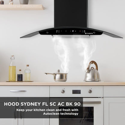 Faber Hood Sydney FL SC AC BK 90 Auto Clean Wall Mounted Chimney - Black 1200 CMH