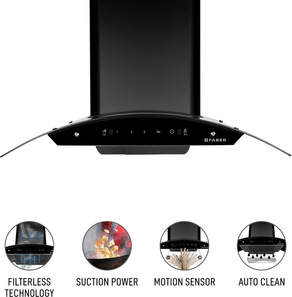 Faber HOOD SUNNY HC SC BK 90 Auto Clean with Powerful Suction Capacity,Motion Sensor Wall Mounted Chimney - Black 1200 CMH