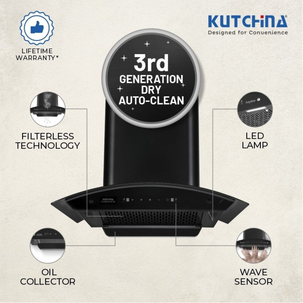 Kutchina Flora Dlx 60 Auto Clean Wall Mounted Chimney - Black 1200 CMH