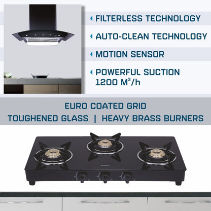 Elica COMBO KITCHENHOOD WDFL 606 HAC LTW MS NERO + COOKTOP 703 VETRO BLK Auto Clean Wall Mounted Chimney - Black 1200 CMH