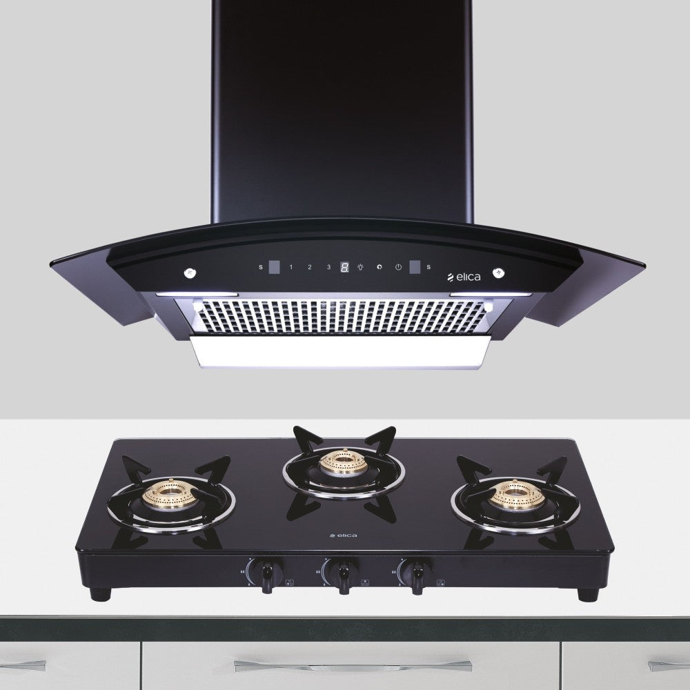 Elica COMBO KITCHENHOOD WDFL 606 HAC LTW MS NERO + COOKTOP 703 VETRO BLK Auto Clean Wall Mounted Chimney - Black 1200 CMH