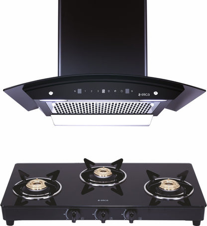 Elica COMBO KITCHENHOOD WDFL 606 HAC LTW MS NERO + COOKTOP 703 VETRO BLK Auto Clean Wall Mounted Chimney - Black 1200 CMH