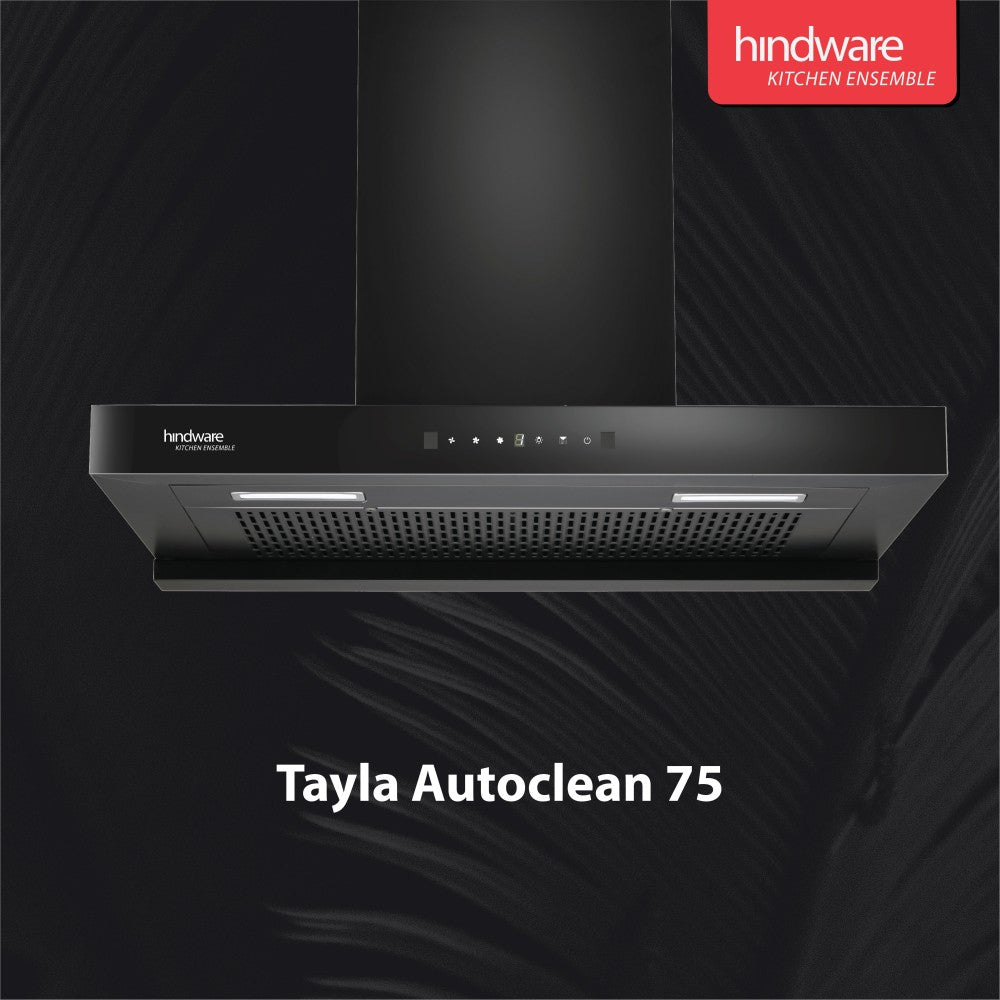 Hindware Tayla 75 ऑटो क्लीन वॉल माउंटिंग चिमनी - काला 1200 CMH