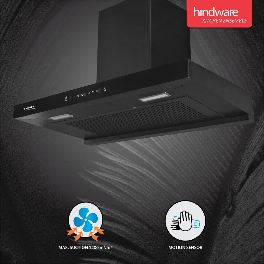 Hindware Tayla 90 ऑटो क्लीन वॉल माउंटिंग चिमनी - काला 1200 CMH