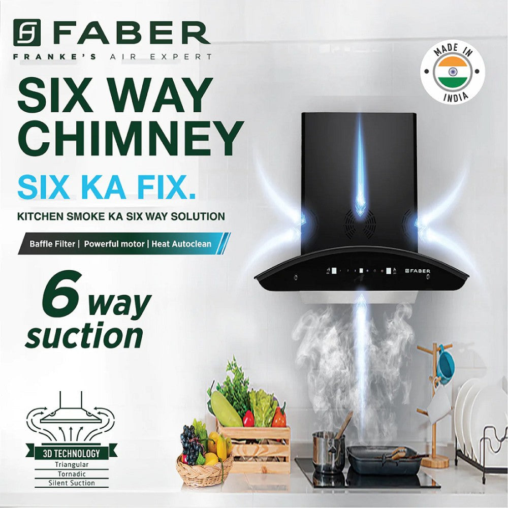 Faber HOOD ORIENT SMART 3D IND HC SC EBK 60 ऑटो क्लीन दीवार पर लगने वाली चिमनी - काला 1250 CMH