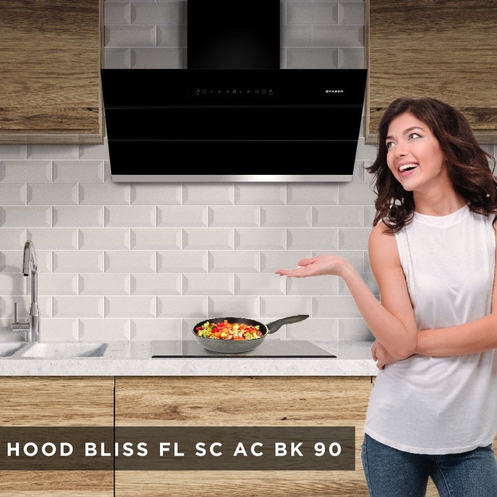 Faber HOOD BLISS FL SC AC BK 90 Auto Clean Wall Mounted Chimney - Black 1350 CMH