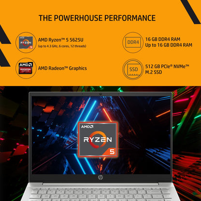 HP Pavilion Ryzen 5 Hexa Core 5625U - (16 GB/512 GB SSD/Windows 11 Home) 14-EC1005AU पतला और हल्का लैपटॉप - 14 इंच, नेचुरल सिल्वर, 1.41 kg, MS Office के साथ