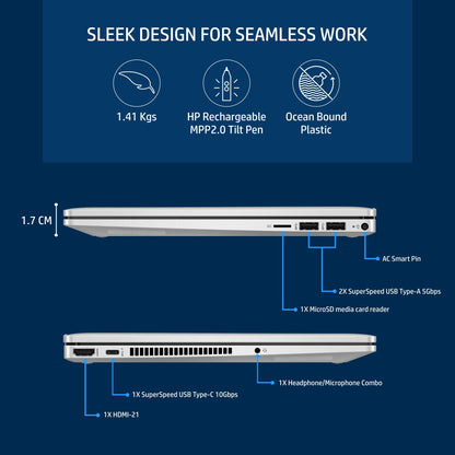 HP Pavillion x360 कन्वर्टिबल इंटेल कोर i5 12वीं पीढ़ी - (16 जीबी/512 जीबी एसएसडी/विंडोज 11 होम) 14-ek0074TU 2 इन 1 लैपटॉप - 14 इंच, नेचुरल सिल्वर, 1.41 किलोग्राम, एमएस ऑफिस के साथ