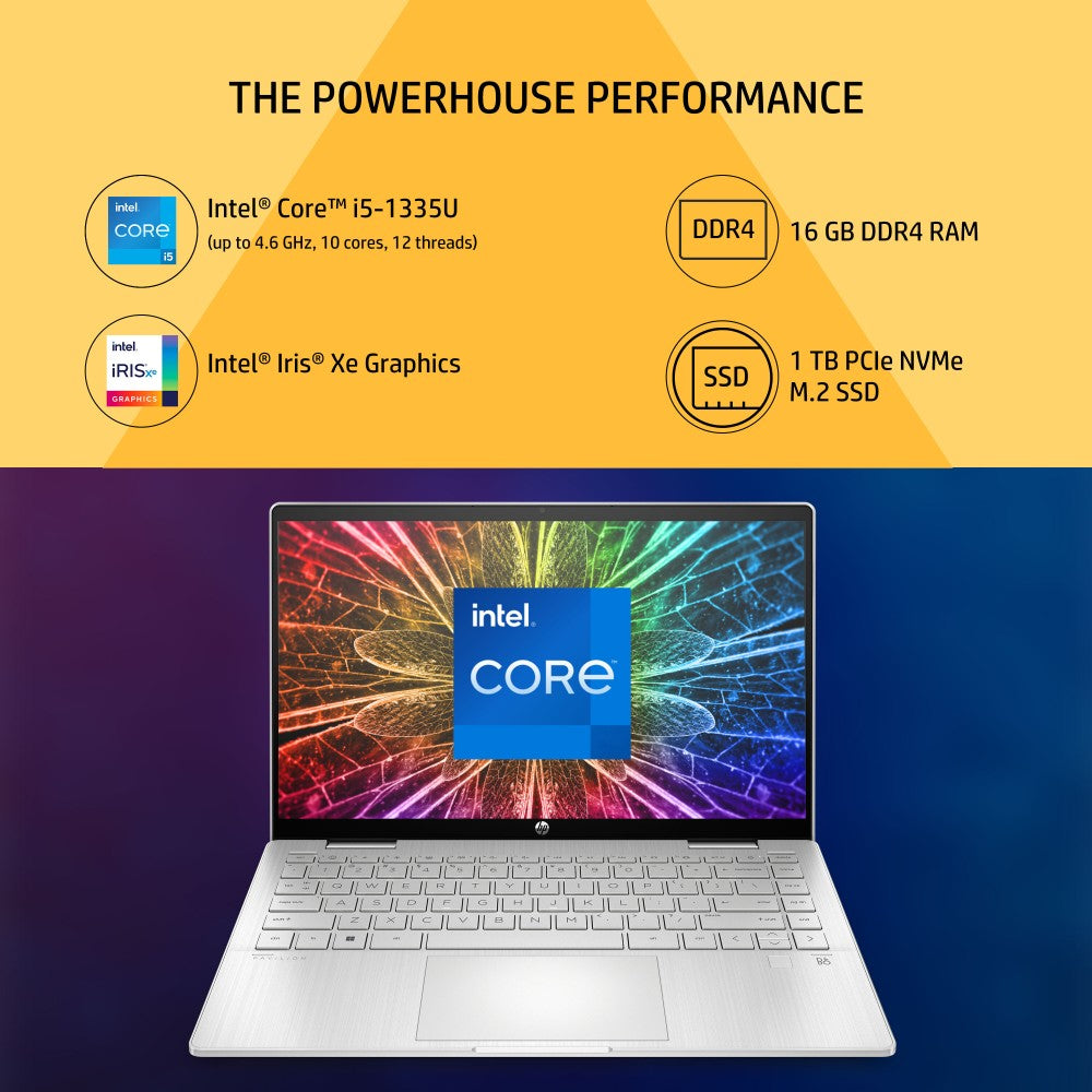 HP Pavilion x360 (2023) Intel Core i5 13th Gen - (16 GB/1 TB SSD/Windows 11 Home) 14-ek1010TU पतला और हल्का लैपटॉप - 14 इंच, नेचुरल सिल्वर, 1.41 किलोग्राम, MS ऑफिस के साथ