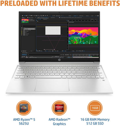 HP Pavilion Ryzen 5 Hexa Core 5625U - (16 GB/512 GB SSD/Windows 11 Home) 15-eh2024AU पतला और हल्का लैपटॉप - 15.6 इंच, नेचुरल सिल्वर, 1.75 Kg, MS Office के साथ