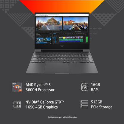 HP Victus गेमिंग Ryzen 5 हेक्सा कोर 5600H - (16 GB/512 GB SSD/Windows 11 Home/4 GB ग्राफ़िक्स/NVIDIA GeForce GTX 1650) 15-fb0132AX गेमिंग लैपटॉप - 15.6 इंच, मीका सिल्वर, 2.37 किलोग्राम