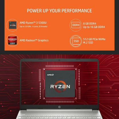 HP लैपटॉप Ryzen 3 क्वाड कोर 5300U - (8 GB/512 GB SSD/Windows 11 Home) 15s- eq2213AU पतला और हल्का लैपटॉप - 15.6 इंच, नेचुरल सिल्वर, 1.69 Kg, MS Office के साथ