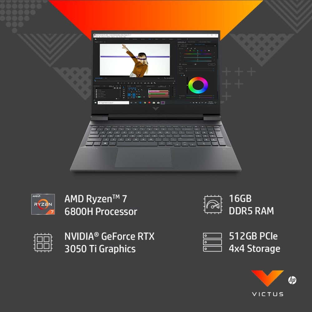 HP Victus Ryzen 7 ऑक्टा कोर 6800H - (16 GB/512 GB SSD/Windows 11 Home/4 GB ग्राफ़िक्स/NVIDIA GeForce RTX 3050 Ti) 16-e1060AX गेमिंग लैपटॉप - 16.1 इंच, मीका सिल्वर, 2.48 किलोग्राम, एमएस ऑफिस के साथ