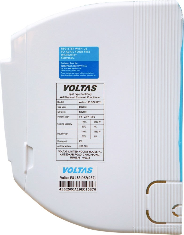 Voltas 1.5 Ton 3 Star Split AC  - White - 183 DZZ (R-32), Copper Condenser