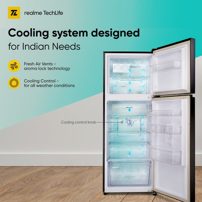 realme TechLife 308 L Frost Free Double Door 3 Star Refrigerator - Black Uniglass, 310JF3RMBG