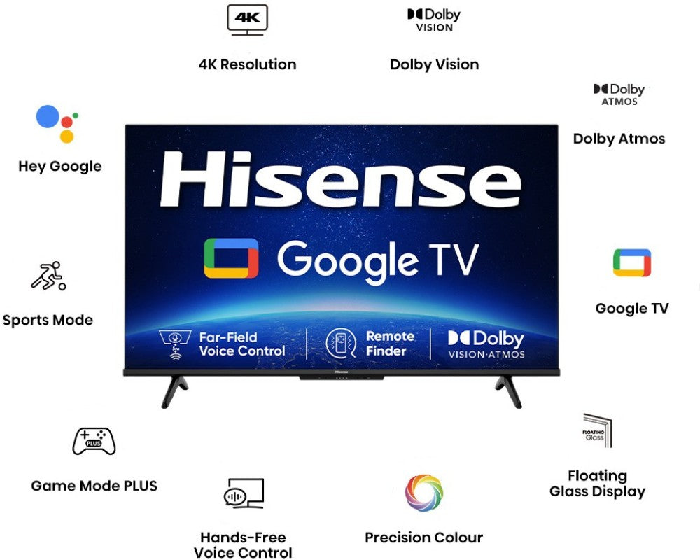 Hisense A6H 108 सेमी (43 इंच) अल्ट्रा एचडी (4K) एलईडी स्मार्ट गूगल टीवी हैंड्स फ्री वॉयस कंट्रोल, डॉल्बी विजन और एटमॉस के साथ - 43A6H