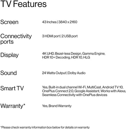 वनप्लस 108 सेमी (43 इंच) अल्ट्रा एचडी (4K) एलईडी स्मार्ट एंड्रॉइड टीवी - 43UD2A00