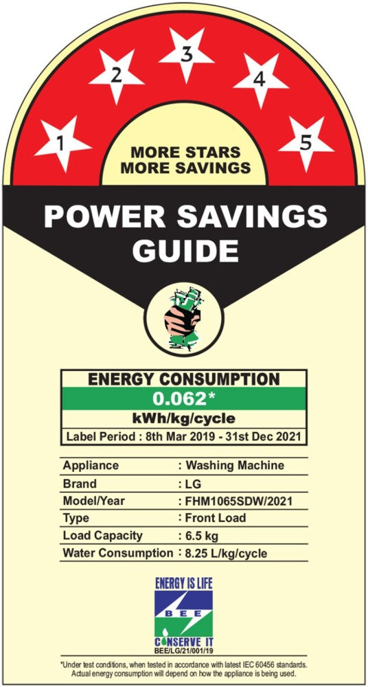 LG 6.5 किग्रा स्टीम और स्मार्ट डायग्नोसिस के साथ इन-बिल्ट हीटर व्हाइट के साथ फुली ऑटोमैटिक फ्रंट लोड वाशिंग मशीन - FHM1065SDW