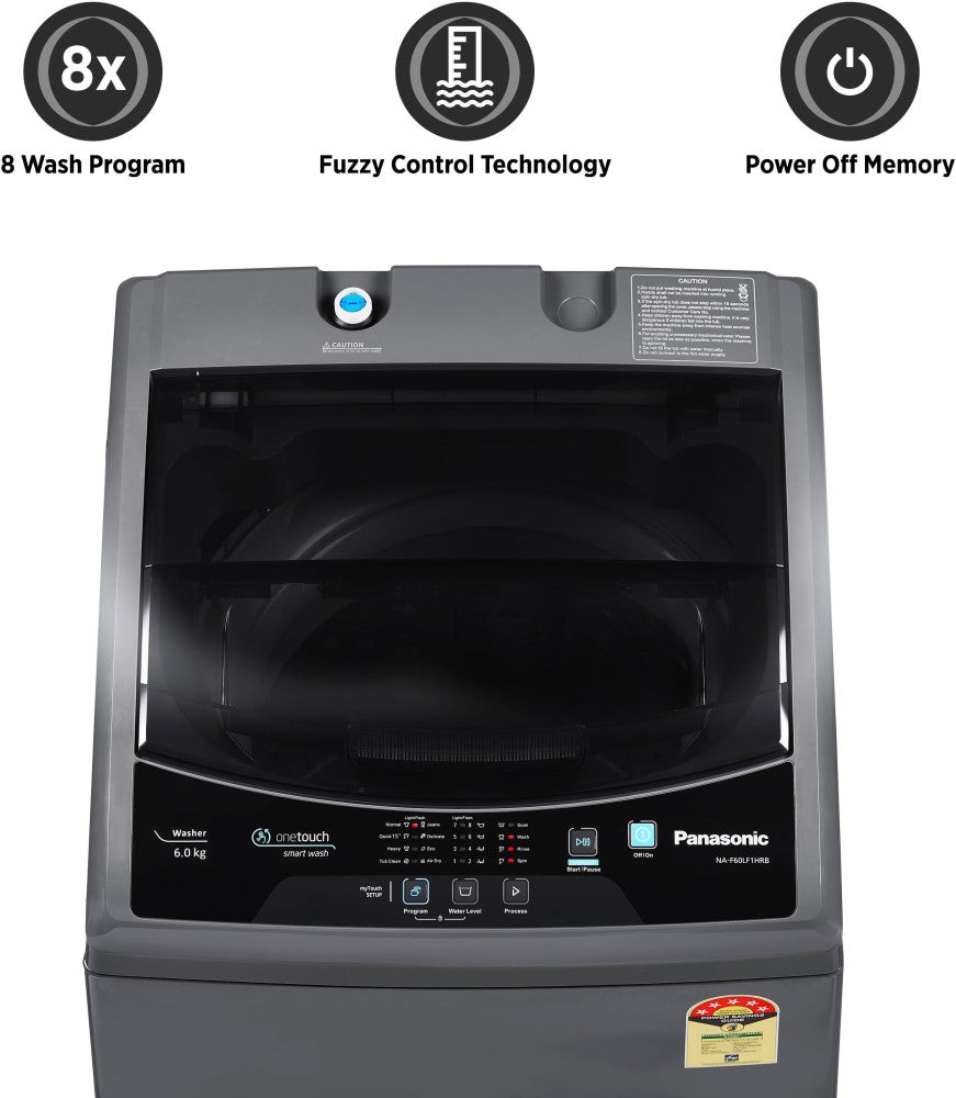 Panasonic 6 kg 5 Star 8 Wash Program AquaBeat Wash Fully Automatic Top Load Washing Machine Grey - NA-F60LF1HRB