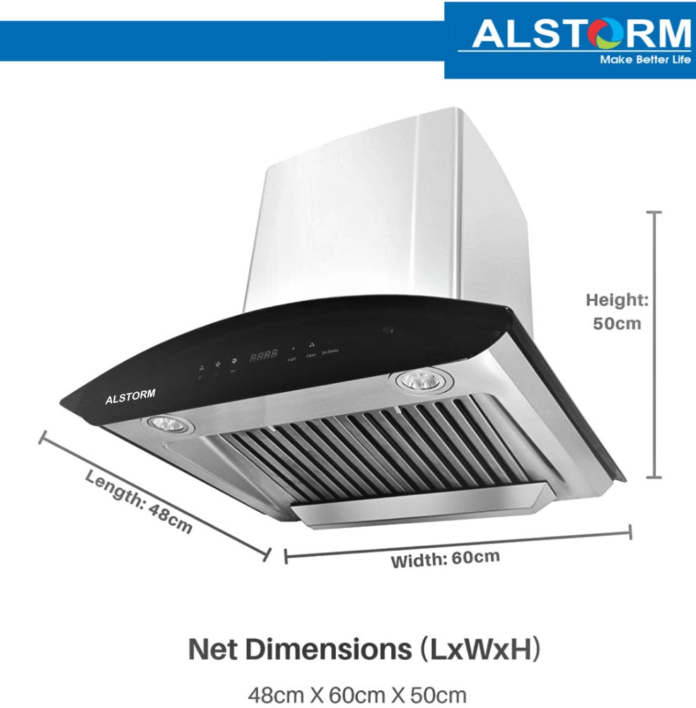 ALSTORM NEO सिल्वर 60 ऑटो क्लीन वॉल माउंटिंग चिमनी - सिल्वर 1200 CMH