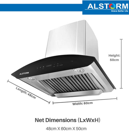 ALSTORM NEO सिल्वर 60 ऑटो क्लीन वॉल माउंटिंग चिमनी - सिल्वर 1200 CMH