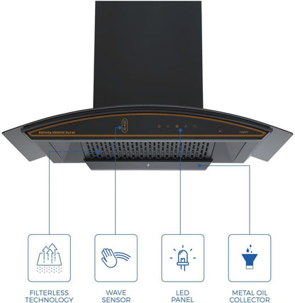 कच्छिना विर्गोस डीएलएक्स 90 ऑटो क्लीन वॉल माउंटेड चिमनी - ब्लैक 1350 सीएमएच