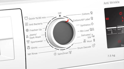 बॉश 7.5 किग्रा 1200RPM पूरी तरह से स्वचालित फ्रंट लोड वाशिंग मशीन इन-बिल्ट हीटर के साथ सफेद - WAJ2446HIN