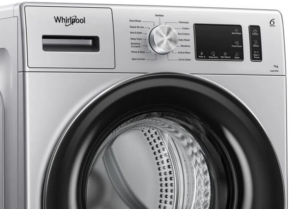 Whirlpool 7 kg पूरी तरह से स्वचालित फ्रंट लोड वाशिंग मशीन इन-बिल्ट हीटर सिल्वर के साथ - Xpert Care XO7012BYS, मैजेस्टिक सिल्वर