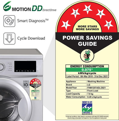 LG 7 kg Fully Automatic Front Load Washing Machine with In-built Heater Silver - FHM1207ADL