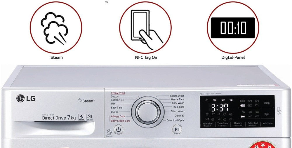 LG 7 kg With Steam Fully Automatic Front Load Washing Machine with In-built Heater Silver - FHT1207ZNL