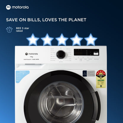 MOTOROLA 7 kg 5 Star Rating Garment Sterilization Fully Automatic Front Load Washing Machine with In-built Heater White - 70FLAM5W