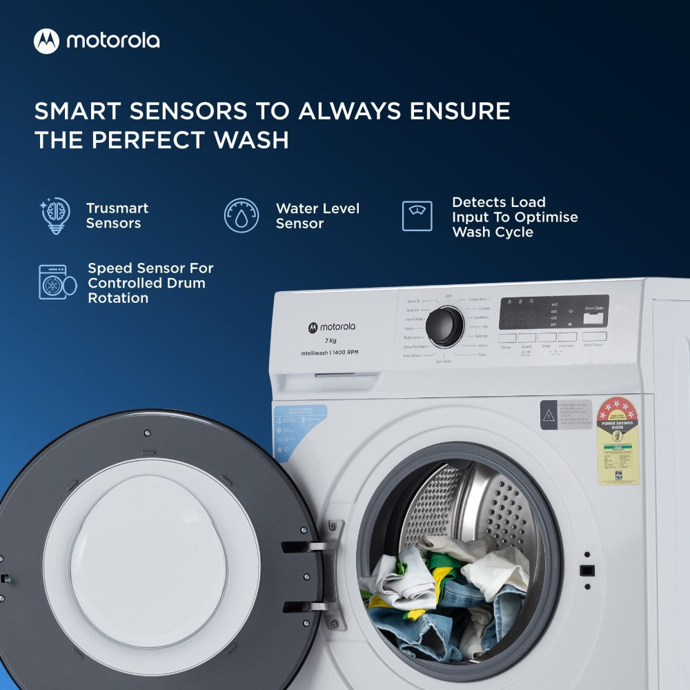 MOTOROLA 7 kg 5 Star Rating Garment Sterilization Fully Automatic Front Load Washing Machine with In-built Heater White - 70FLAM5W