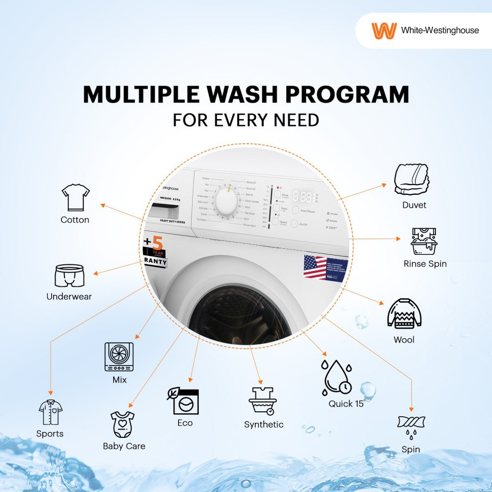 White Westinghouse (Trademark by Electrolux) 8.5 kg Fully Automatic Front Load Washing Machine with In-built Heater White - HDF8500