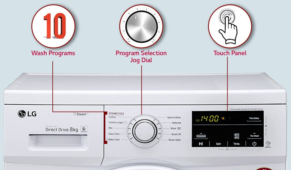 LG 8 kg Steam Fully Automatic Front Load Washing Machine with In-built Heater White - FHM1408BDW