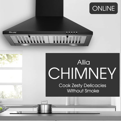 ONLINE Allia Chimney 60 Cms, Push Control, BAFFLE FILTER, 1 Year General Warranty Wall Mounted Chimney - Black 800 CMH