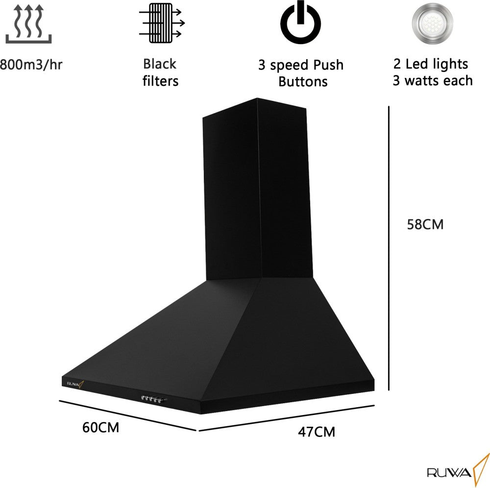 रुवा गार्नेट ब्लैक 60 वॉल माउंटेड चिमनी - ब्लैक 800 सीएमएच