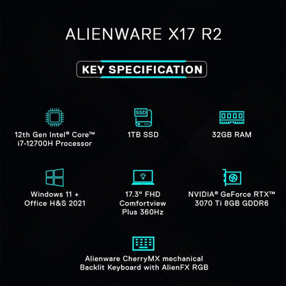 डेल एलियनवेयर कोर i7 12वीं पीढ़ी - (32 जीबी/1 टीबी एसएसडी/विंडोज 11 होम/8 जीबी ग्राफिक्स/एनवीआईडीआईए GeForce RTX 3070 Ti) एलियनवेयर x17 R2 गेमिंग लैपटॉप - 17.3 इंच, लूनर लाइट, 2.34 किलोग्राम, एमएस ऑफिस के साथ