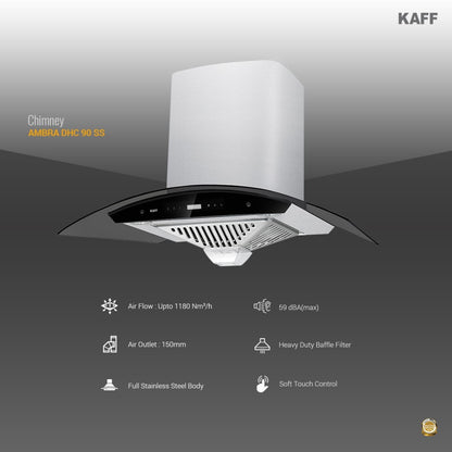 Kaff Ambra DHC 90 SS Auto Clean Wall Mounted Chimney - Stainless Steel 1180 CMH