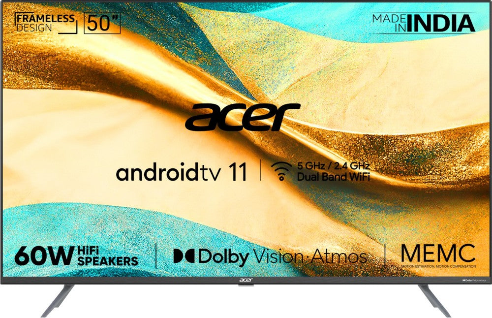Acer 127 cm (50 inch) Ultra HD (4K) LED Smart Android TV with Android 11, Dolby Vision-Atmos, 60W HiFi Speakers - AR50AR2851UDPRO