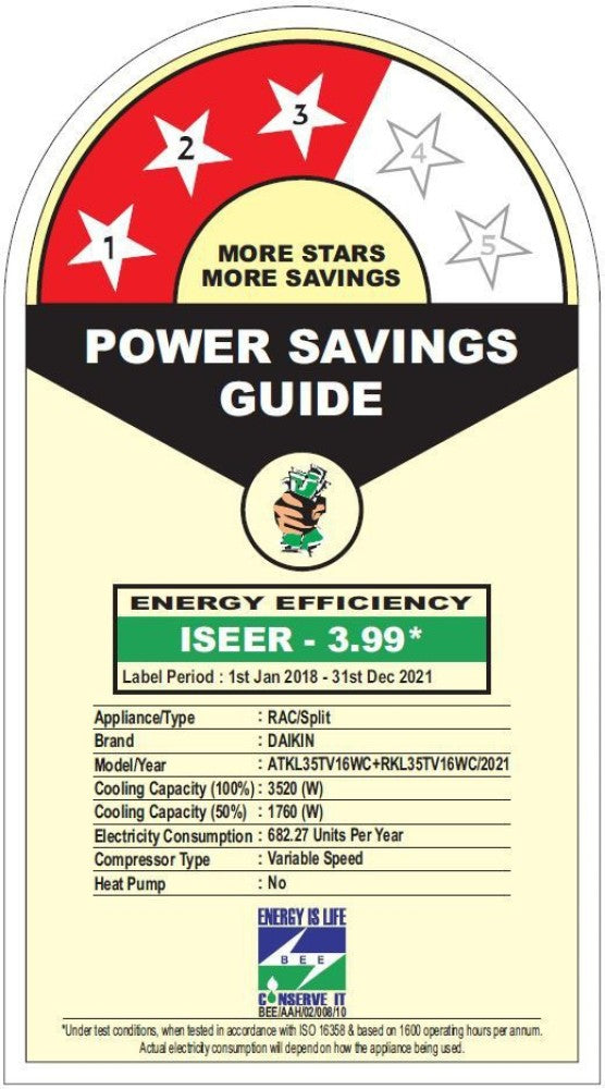 Daikin 1 Ton 3 Star Split Inverter with PM 2.5 Filter AC with PM 2.5 Filter  - White - ATKL35TV16WC, Copper Condenser