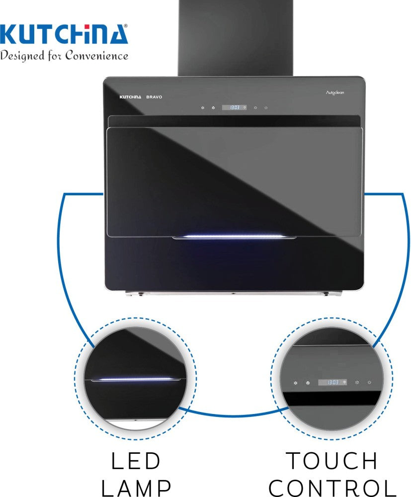 कुचिना ब्रावो डीएलएक्स ऑटो क्लीन वॉल माउंटेड चिमनी - ब्लैक 1400 सीएमएच