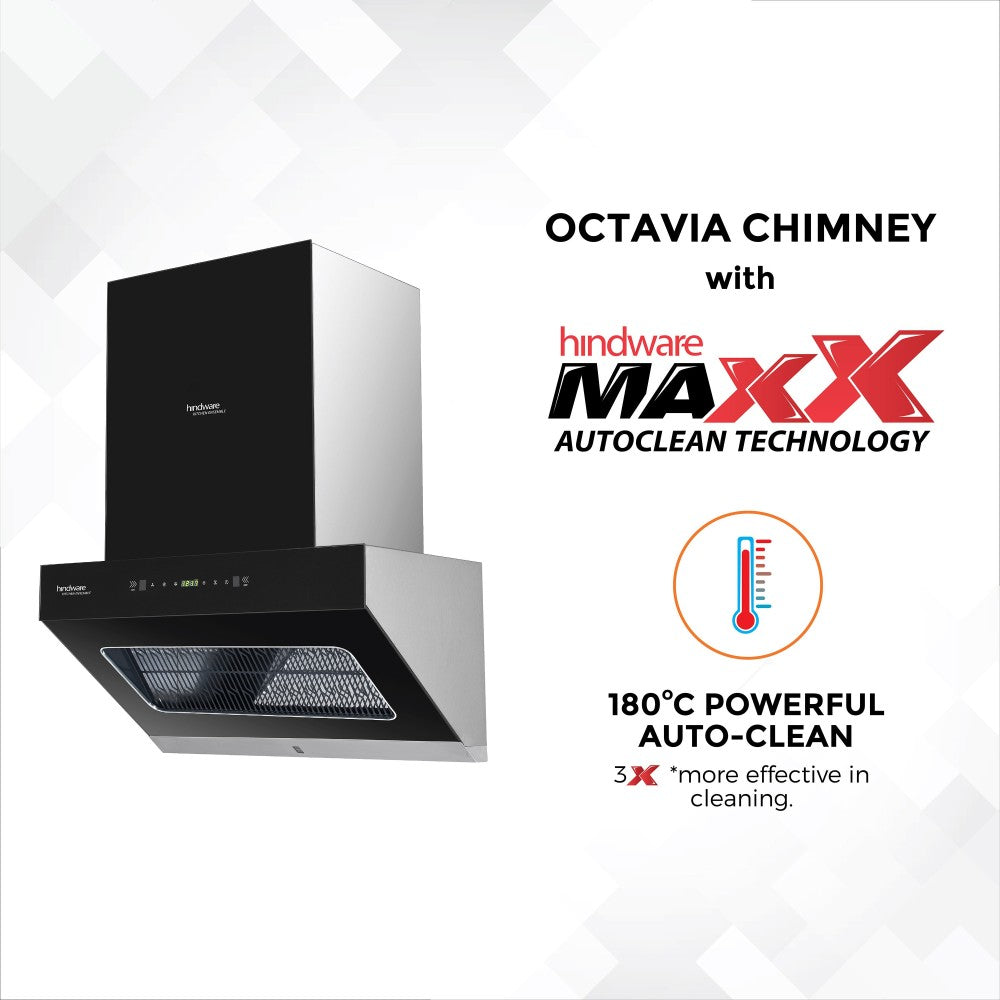 Hindware Octavia 60 Auto Clean Wall Mounted Chimney - Black and Inox 1350 CMH