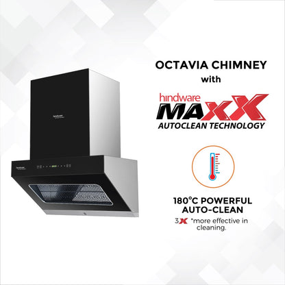 Hindware Octavia 60 Auto Clean Wall Mounted Chimney - Black and Inox 1350 CMH