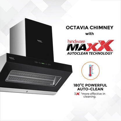 Hindware Octavia 90 Auto Clean Wall Mounted Chimney - Black 1350 CMH