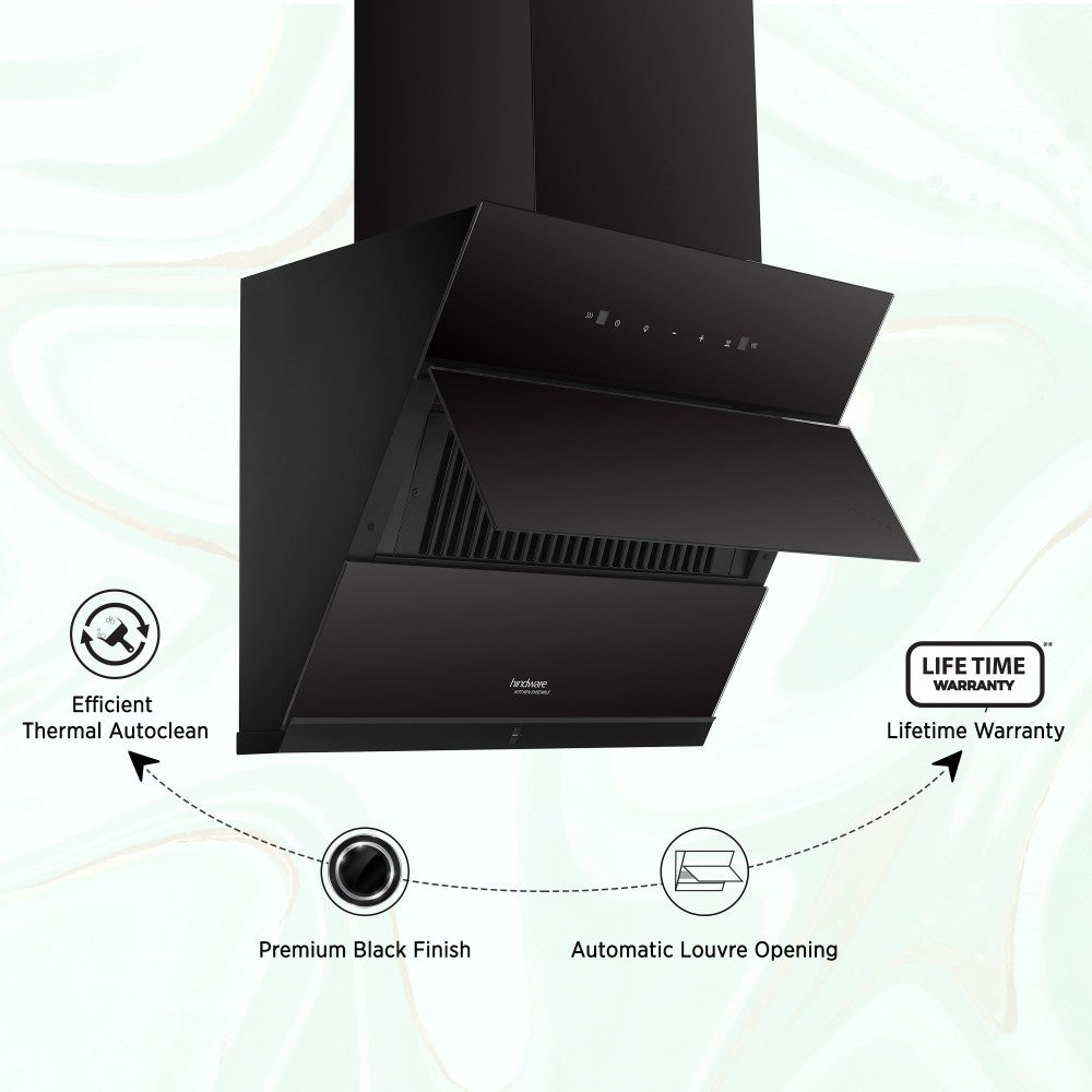 Hindware Greta Autoclean 60 Auto Clean with Powerful Suction Capacity,Motion Sensor Wall Mounted Chimney - Black 1350 CMH