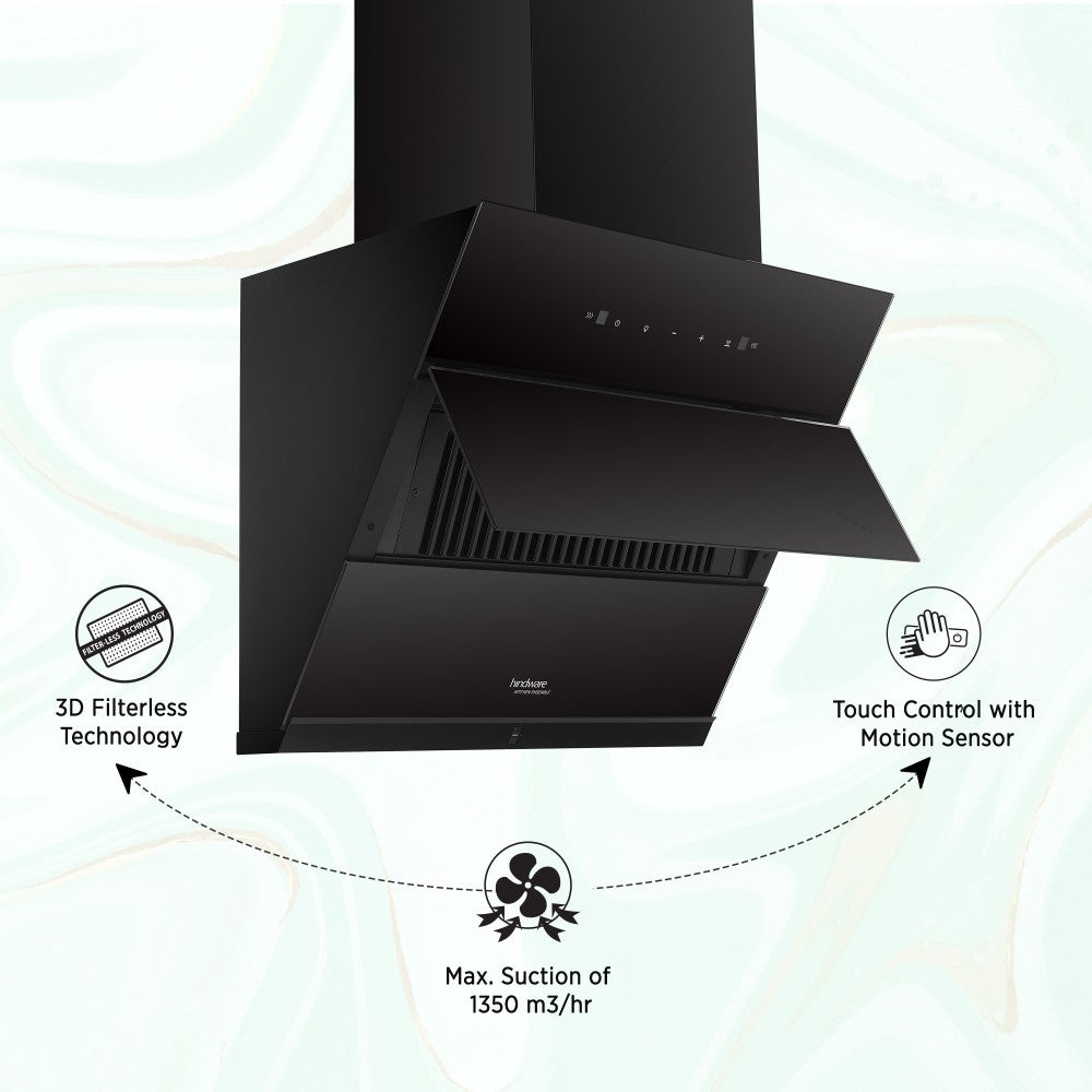 Hindware Greta Autoclean 60 Auto Clean with Powerful Suction Capacity,Motion Sensor Wall Mounted Chimney - Black 1350 CMH