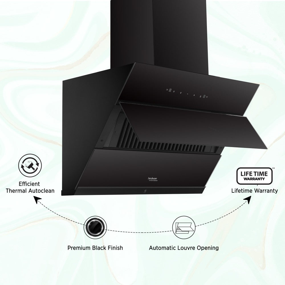 Hindware Greta Autoclean 75 Auto Clean with Powerful Suction Capacity,Motion Sensor Wall Mounted Chimney - Black 1350 CMH